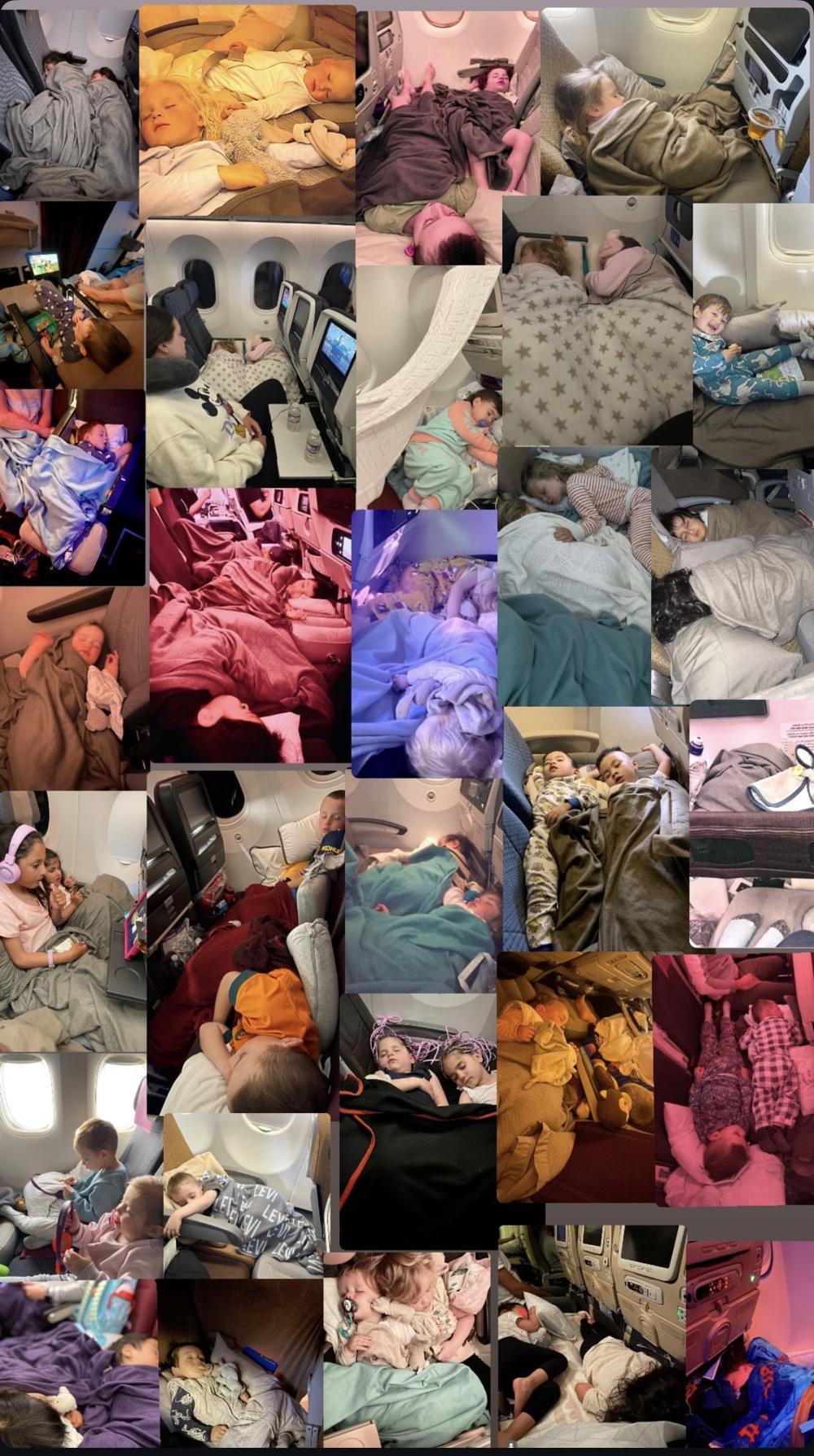 A collage of children asleep on inflatable sleepers on flights around the world